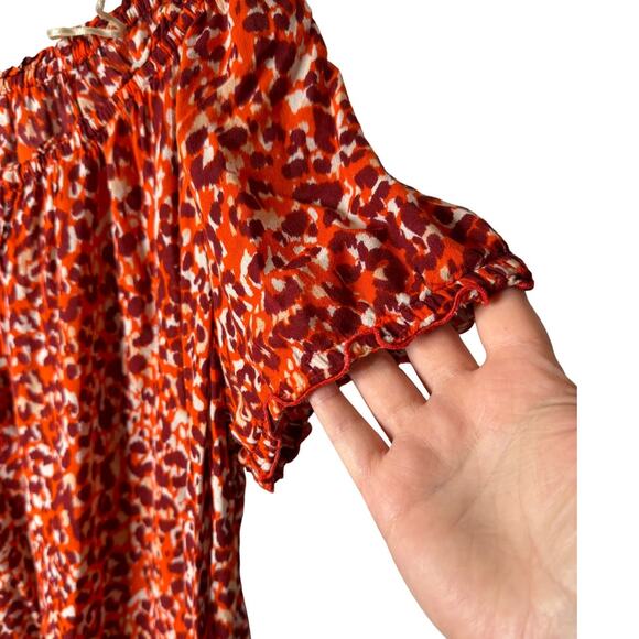 Lucky Brand Plus 1X Red & Orange Animal Print Tie-Neck Off-Shoulder Boho Top - Picture 4 of 9